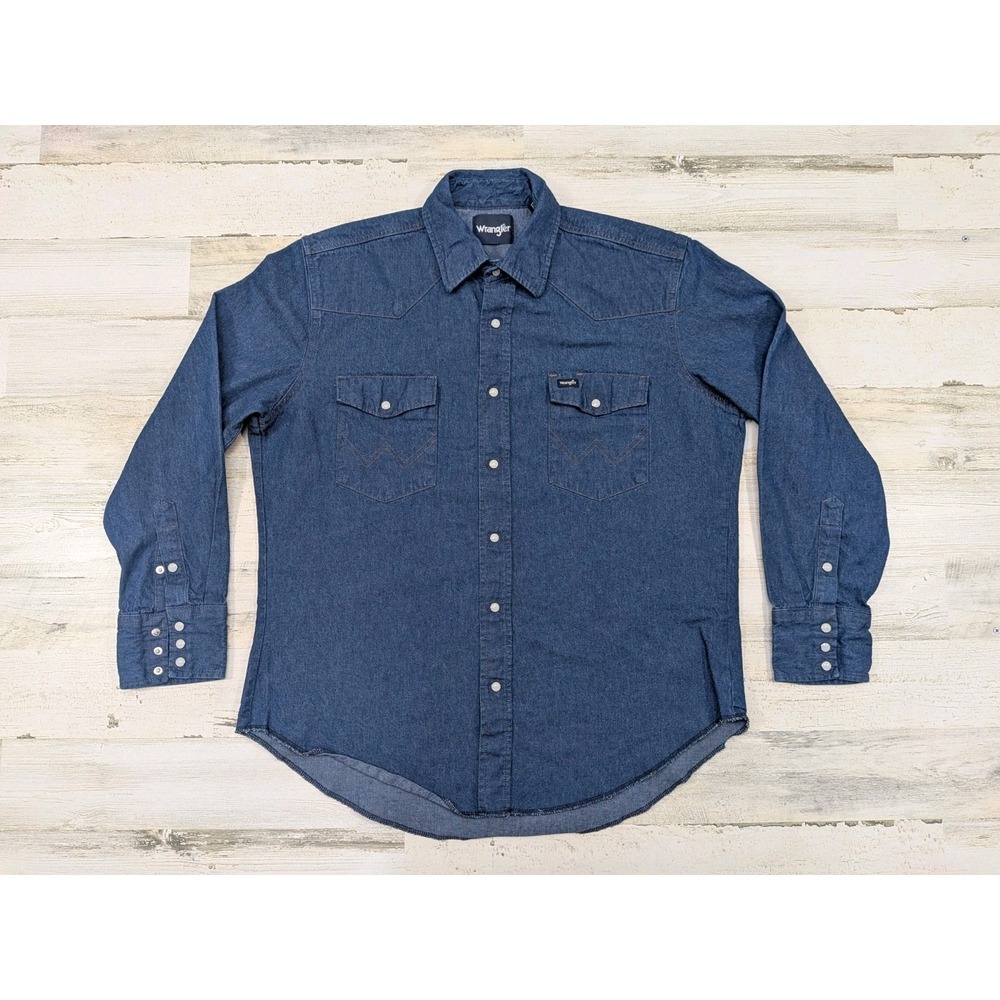 Vintage Wrangler Mens Large Blue Denim Pearl Snap Western Button Up Shirt